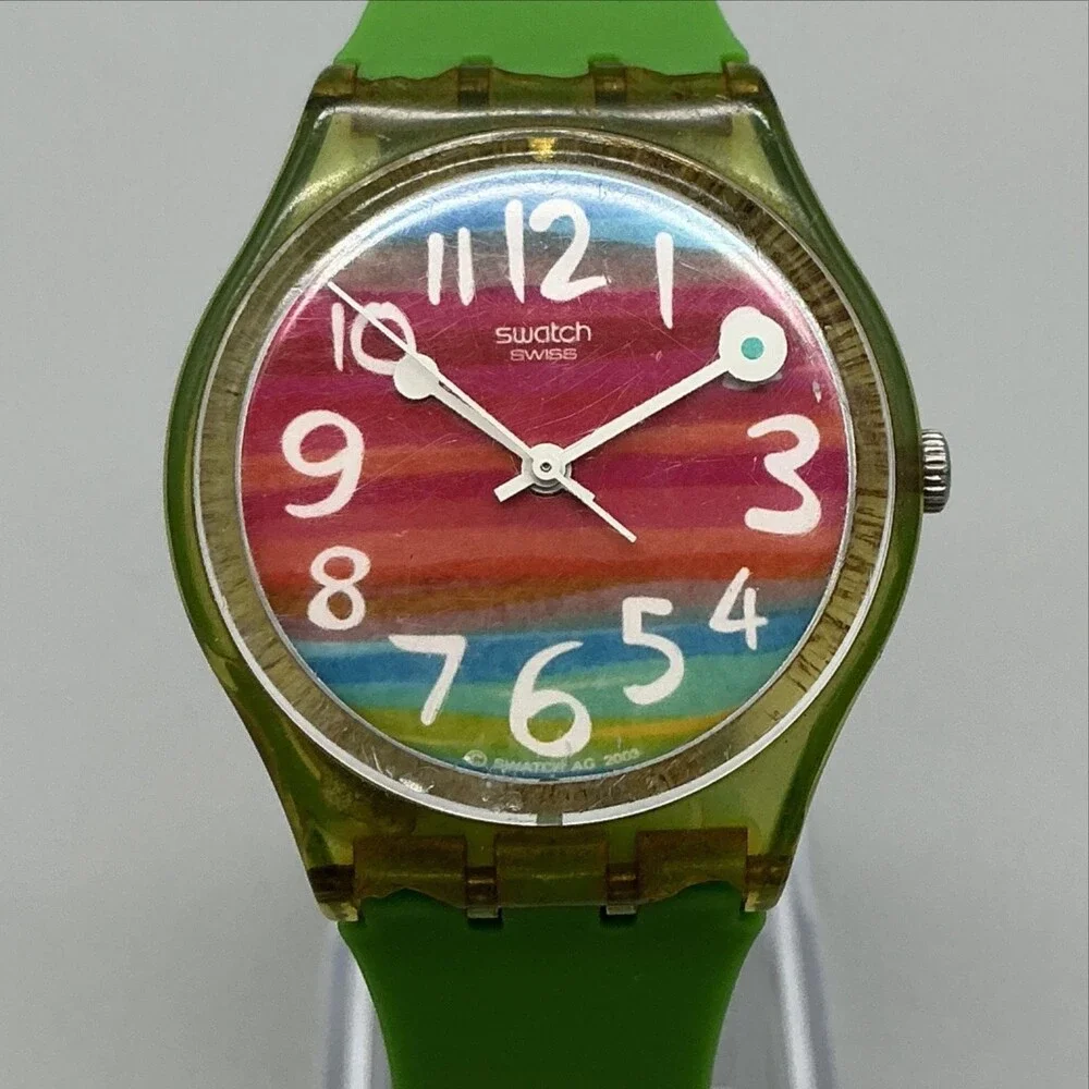 Swatch Color the Sky Mens Watch 34mm Rainbow Dial Green Strap New Battery
